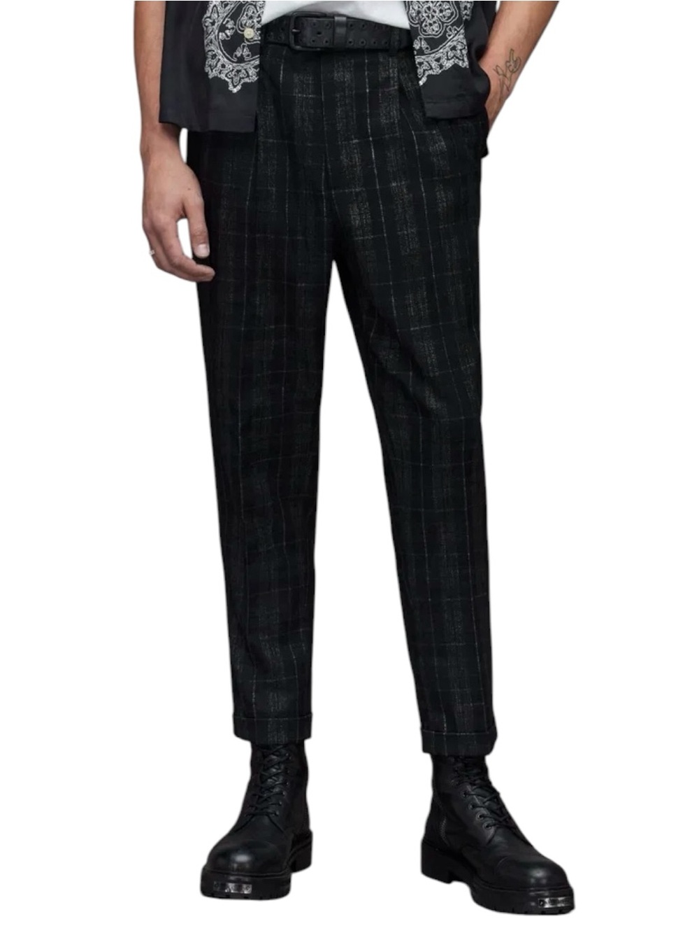 Allsaints Harvey Trouser Mens 30 Tapered Cropped Fit Wool Cashmere Plaid Gray